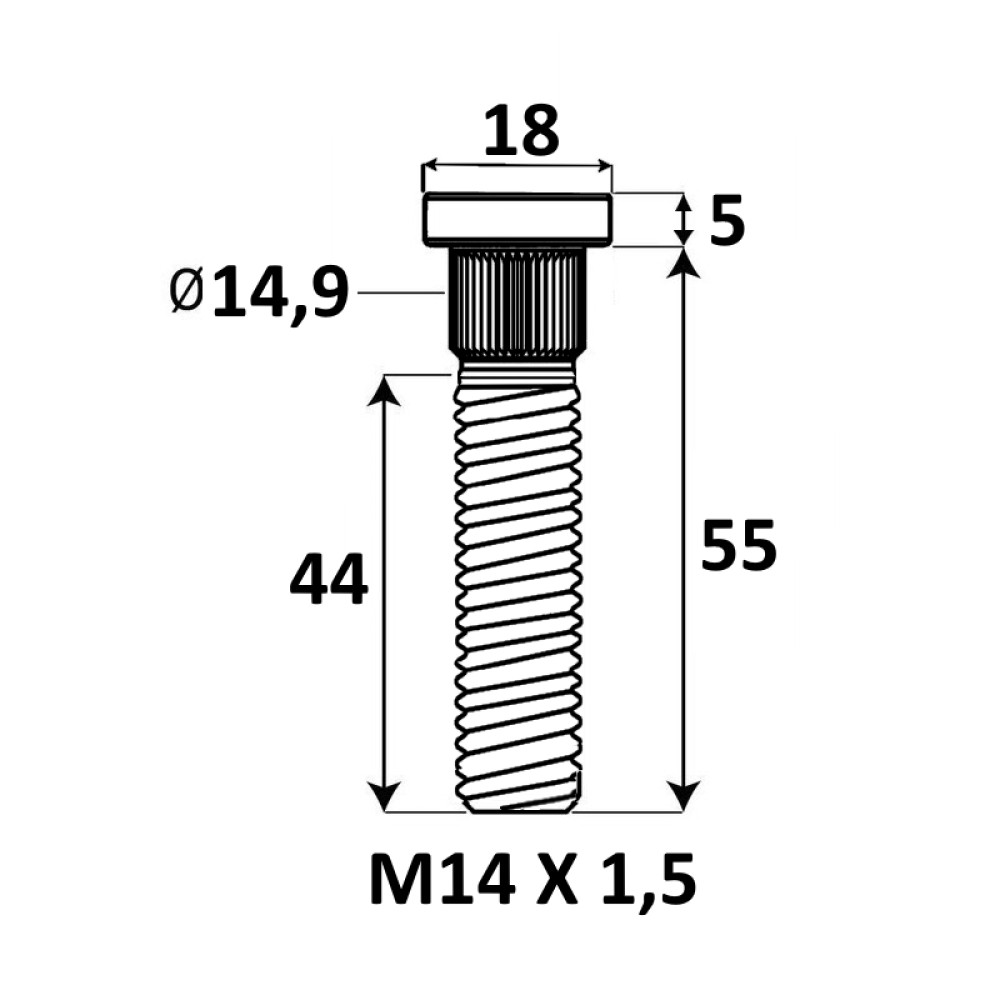 Press-in Wheel stud M14x1.5x55 mm Ø14.9