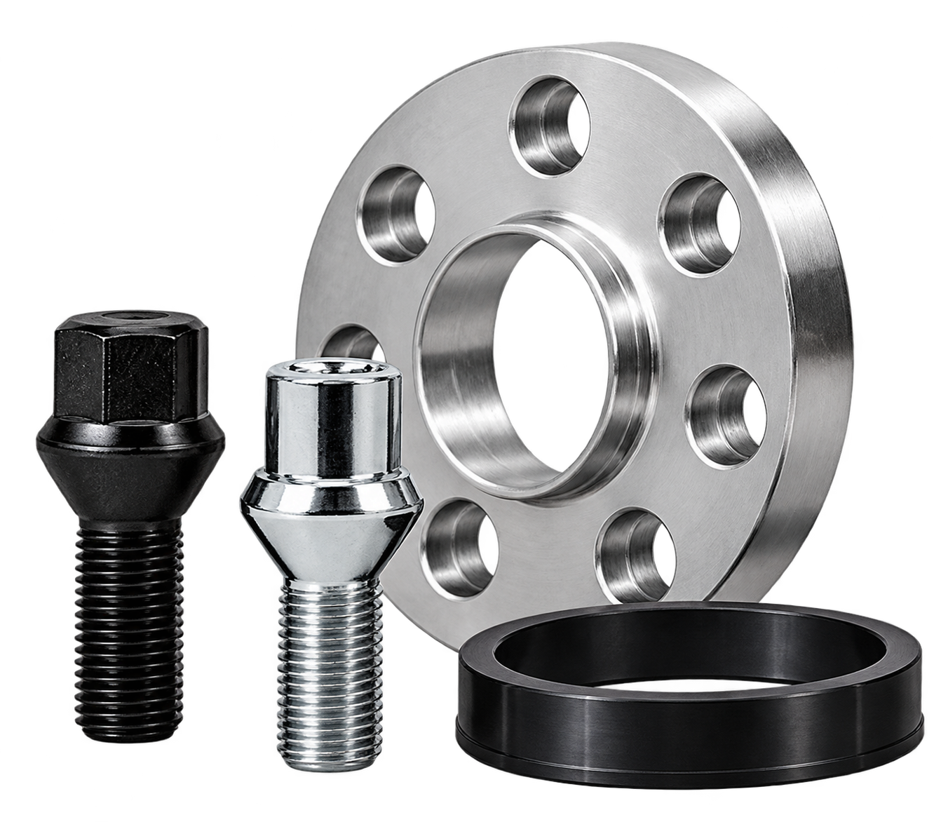 Silver wheel spacer, black and silver wheel bolts, and a black hubcentric ring.